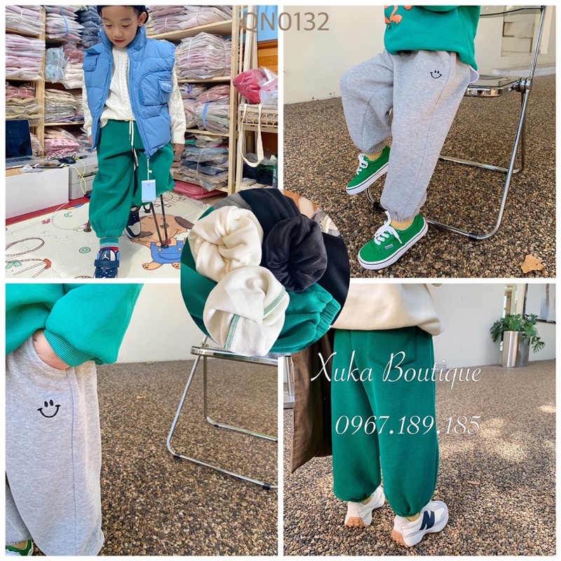 Quần Áo Trẻ Em | Quần Nỉ Lót Lông Dày Bo Gấu Cho Bé Thêu Mặt Cười Quảng Châu Cao Cấp Cho Bé 1 - 8 tuổi [Ảnh Thật]