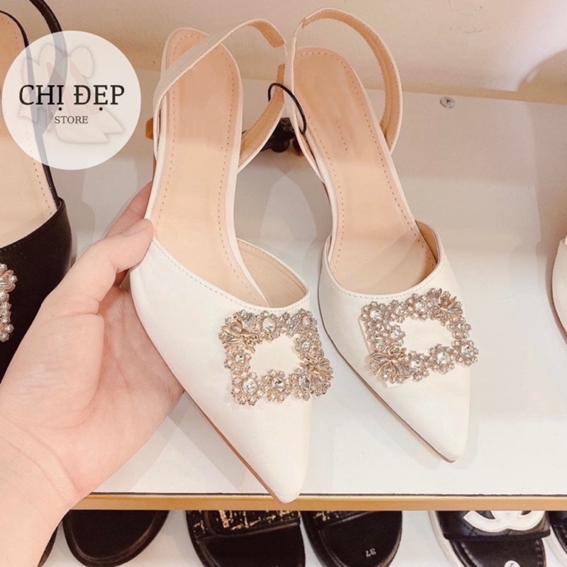 Giày cao gót hoa đá 3 phân mũi nhọn, sandal cao gót đính đá 3cm Chị Đẹp Store mã CD31