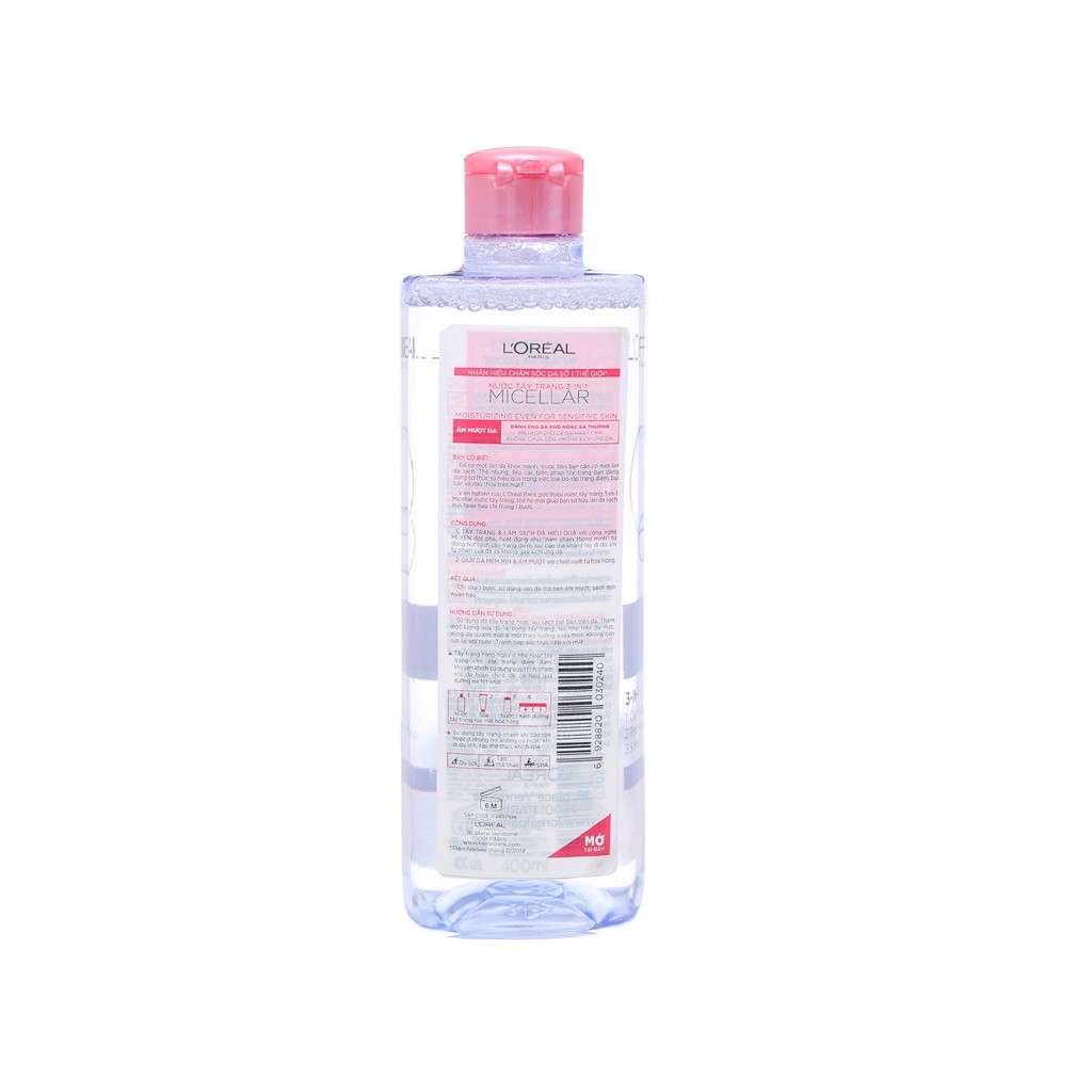 Nước tẩy trang Loreal paris 3 in 1 micellar water 400ml Moisturizing màu hồng cho da khô