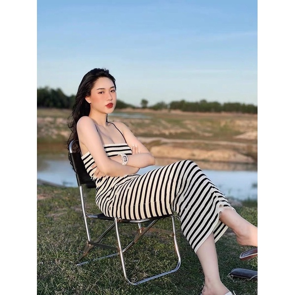 ĐẦM BODY HAI DÂY KẺ SỌC CHẤT GÂN CO GIÃN