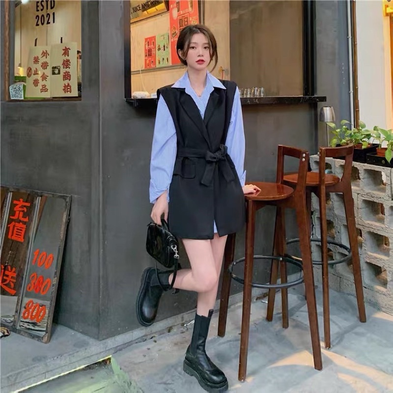 Set áo vest gile có đai thắt và áo sơ mi kẻ sọc xanh free size phong cách Hàn Quốc