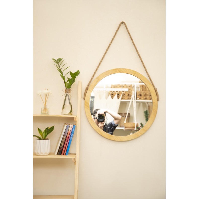 Gương tròn trang điểm viền gỗ cao cấp, gương trang trí decor treo dây thừng, full phụ kiện đường kính 60cm MIRRORTOCTOC