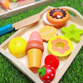 Đồ chơi khay cắt rau quả bánh kèm bằng gỗ
