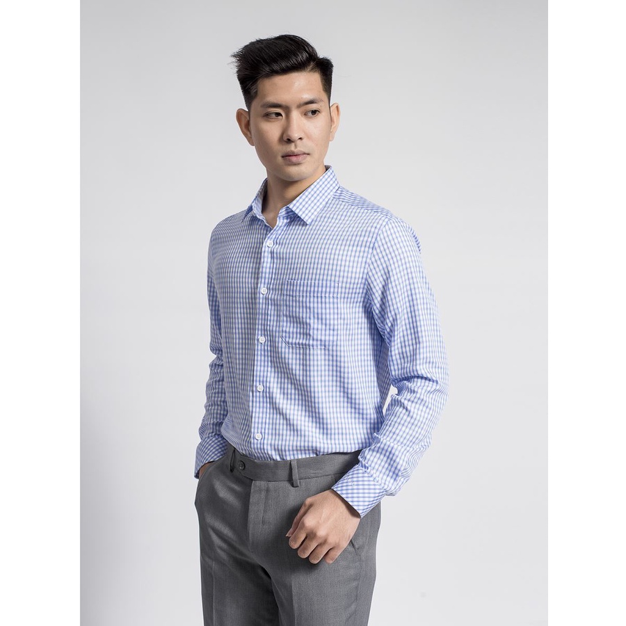 Áo sơ mi nam dài tay RRISTINO ALS62308 kẻ trắng xanh nhạt, dáng reguler fit, chất modal sợi sồi, tà lượn