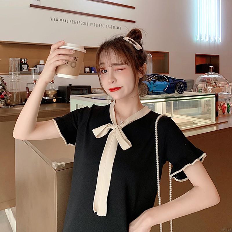 Đầm tay ngắn màu trơn đính nơ nữ tính