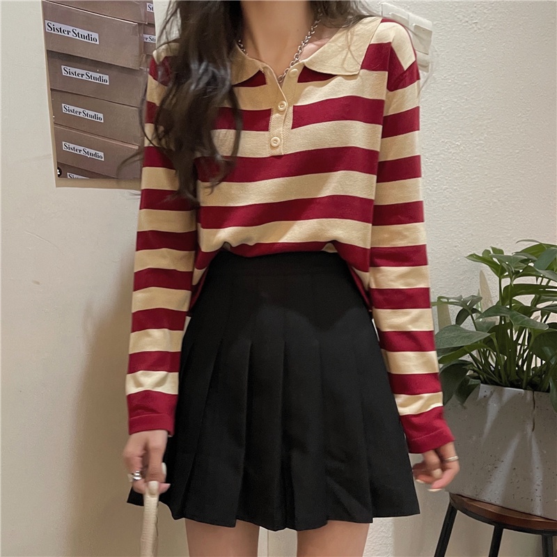 Áo thun polo IELGY dệt kim tay dài in họa tiết kẻ sọc thời trang dành cho nữ