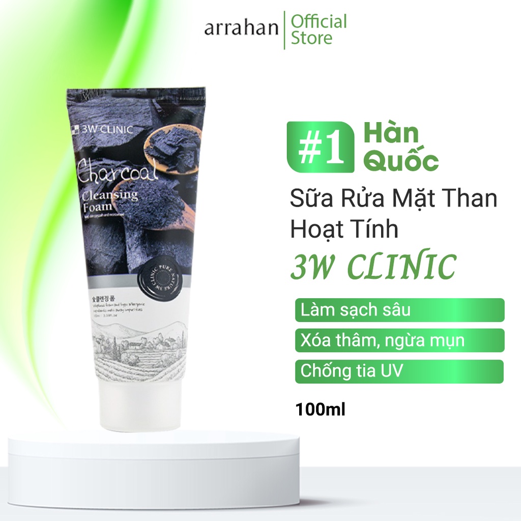 Sữa Rửa Mặt Sạch Sâu, Xóa Thâm Ngừa Mụn Từ Than Hoạt Tính 3W CLINIC Charcoal Cleansing Foam Hàn Quốc 100ml 3W035