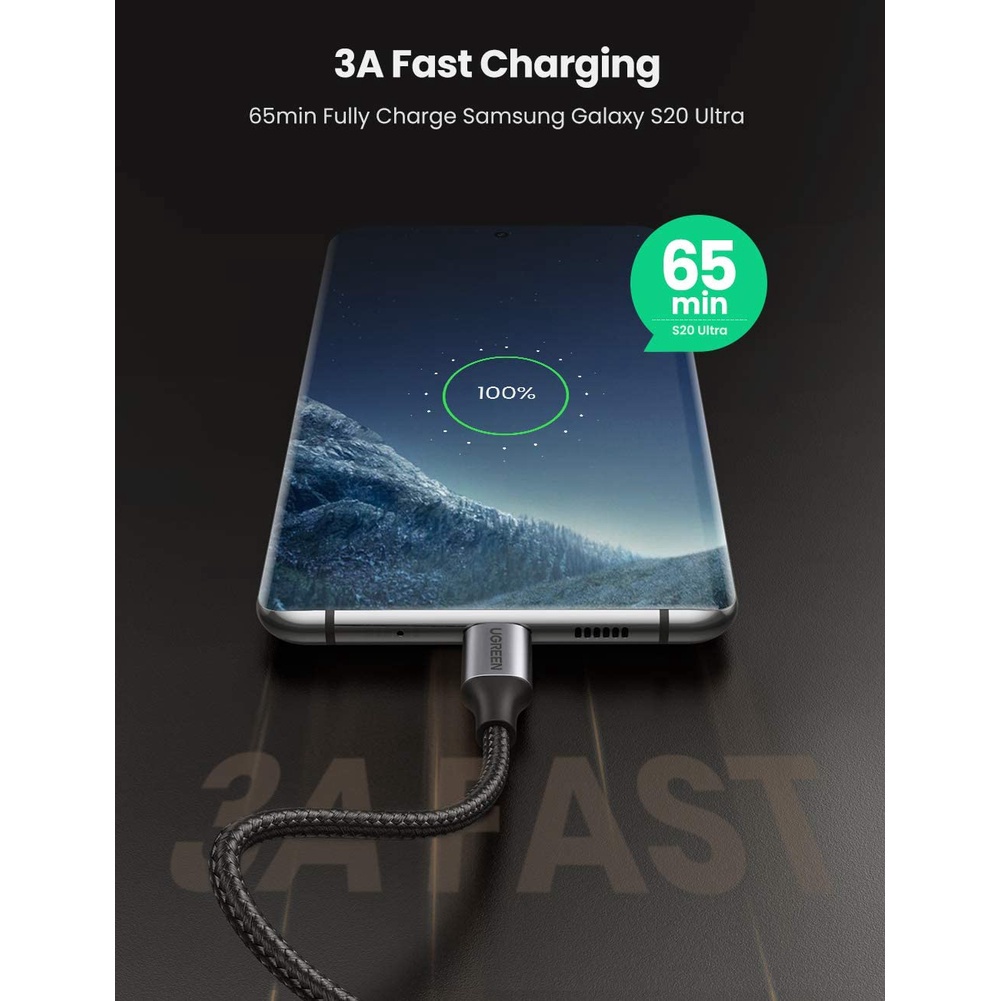 Cáp sạc và truyền dữ liệu 2 cổng USB type C, bẻ góc 90 độ, sạc nhanh PD 60W, dòng 3A dài 0.5-2m UGREEN US255