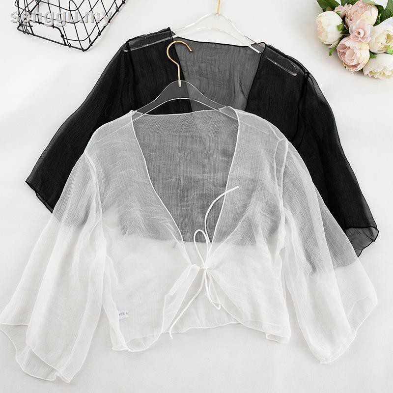 Áo Khoác Cardigan Tay Lửng Cổ Chữ V Chất Chiffon Phối Ren Hoa Thời Trang Mùa Hè Cho Nữ