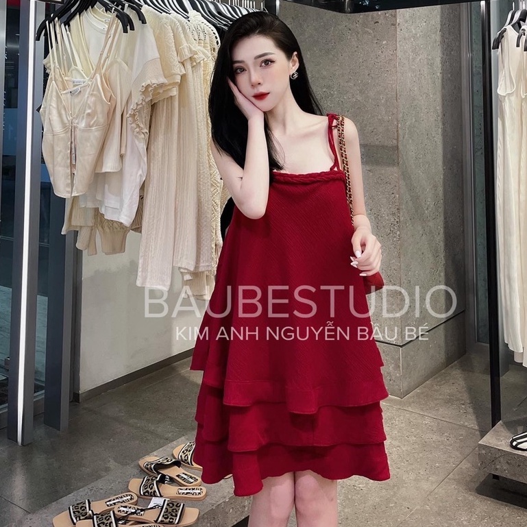 Váy đỏ 2 dây thiết kế đầm suông tầng kết dây DN542