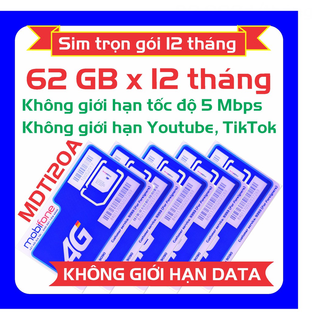 🔵 [MaxData trọn gói 12 tháng] Sim 4G MobiFone MDT120A (120 GB/tháng). MAXDATA tốc độ 5 Mbps