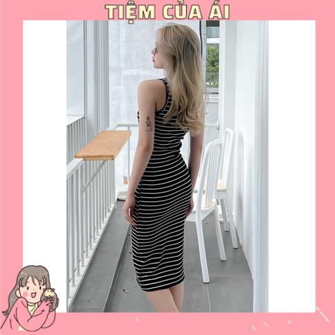 🌸 Đầm body kẻ sọc ngang 2 màu trắng đen - Đầm ôm hở vai 🌸