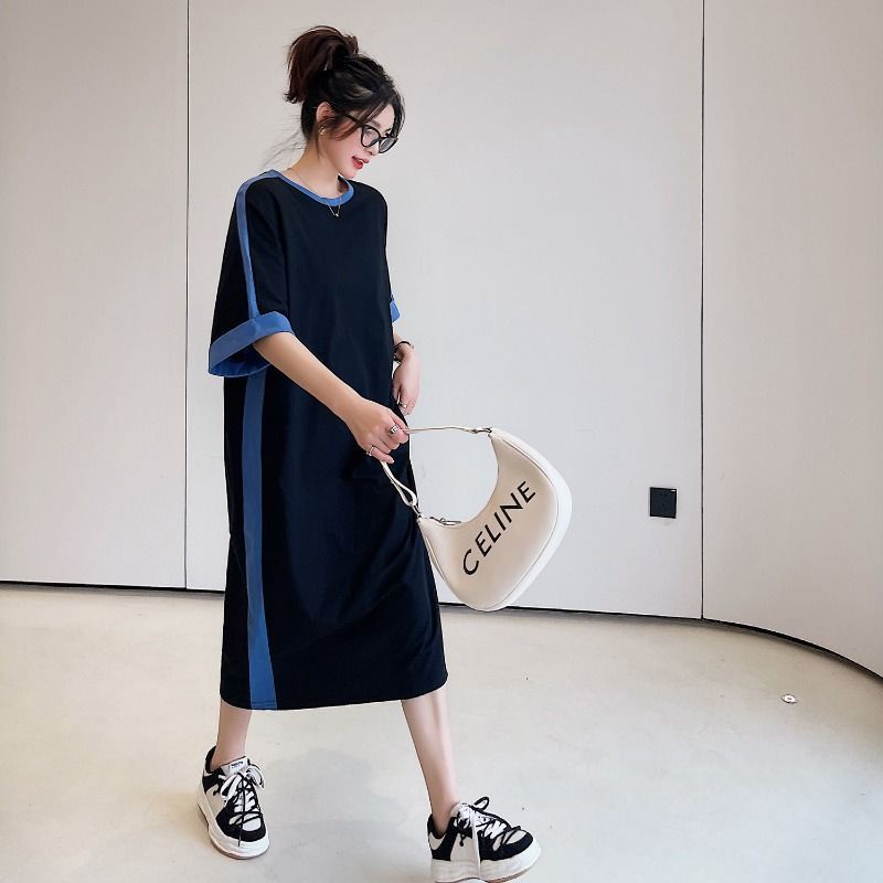 Đầm Tay Ngắn Dáng Rộng Mỏng Màu Sắc Tương Phản Cho Phụ Nữ