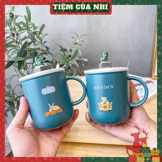 Ly sứ có nắp gắn chậu xương rồng 3D in hình cáo thỏ nhà màu xanh lá có quai kèm muỗng cà phê 400ml Tiệm Của Nhi LSCN12