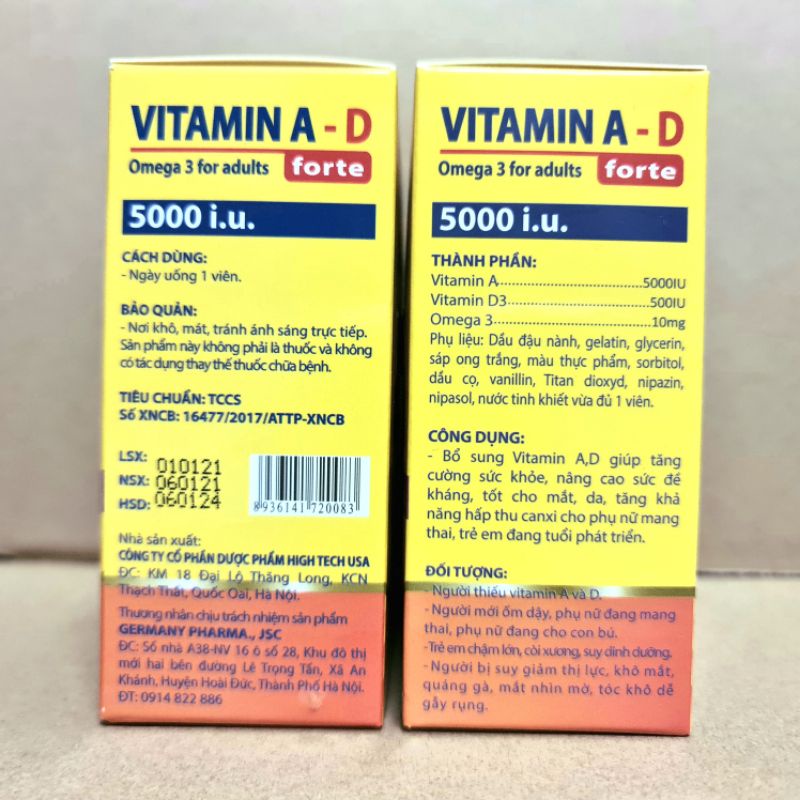 Viên Uống Vitamin A -D Bổ Sung Vitamin Giảm Nguy Cơ Khô Mắt Mỏi Mắt Còi Xương Hỗ Trợ Đẹp Da Hộp 100 Viên