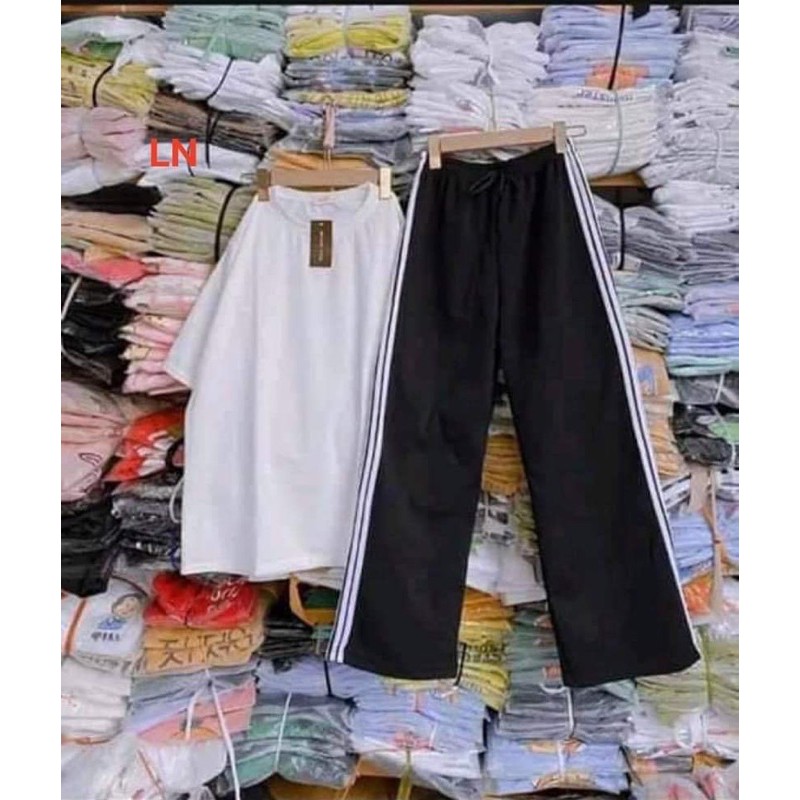 Sét áo hè trơn+quần ba sọc rộng