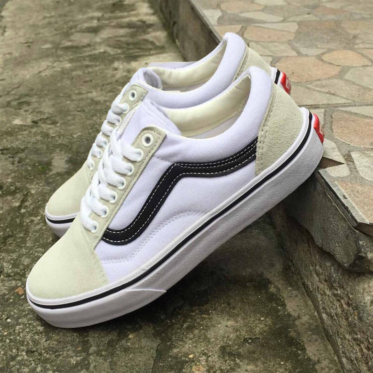 Giày thể thao old skool trắng vạch đen,mũi xám, sneaker nam nữ thấp cổ buộc dây, chất liệu vải canvas, mũi và gót da lộn