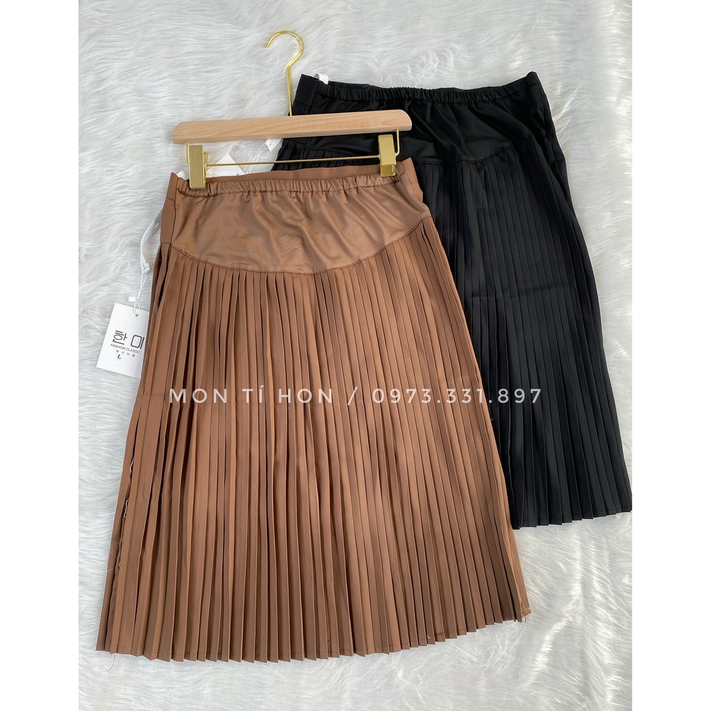 Chân váy bầu dài qua gối dập ly chất chéo Hàn có chun rút điều chỉnh bụng - Màu đen/nâu -  có size 45-75kg