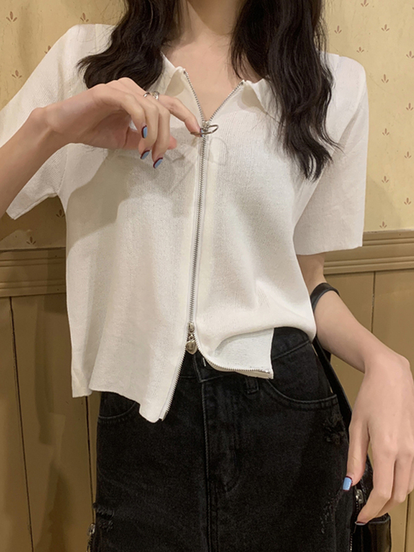 Áo kiểu nữ polo ngắn tay kéo khoá đen, trắng chất đẹp, áo croptop nữ 2022