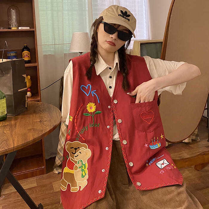 Áo Khoác Sát Nách Dáng Rộng Thêu Hình Gấu Và Hoa Phong Cách Hip Hop Thời Trang Cho Nữ | BigBuy360 - bigbuy360.vn