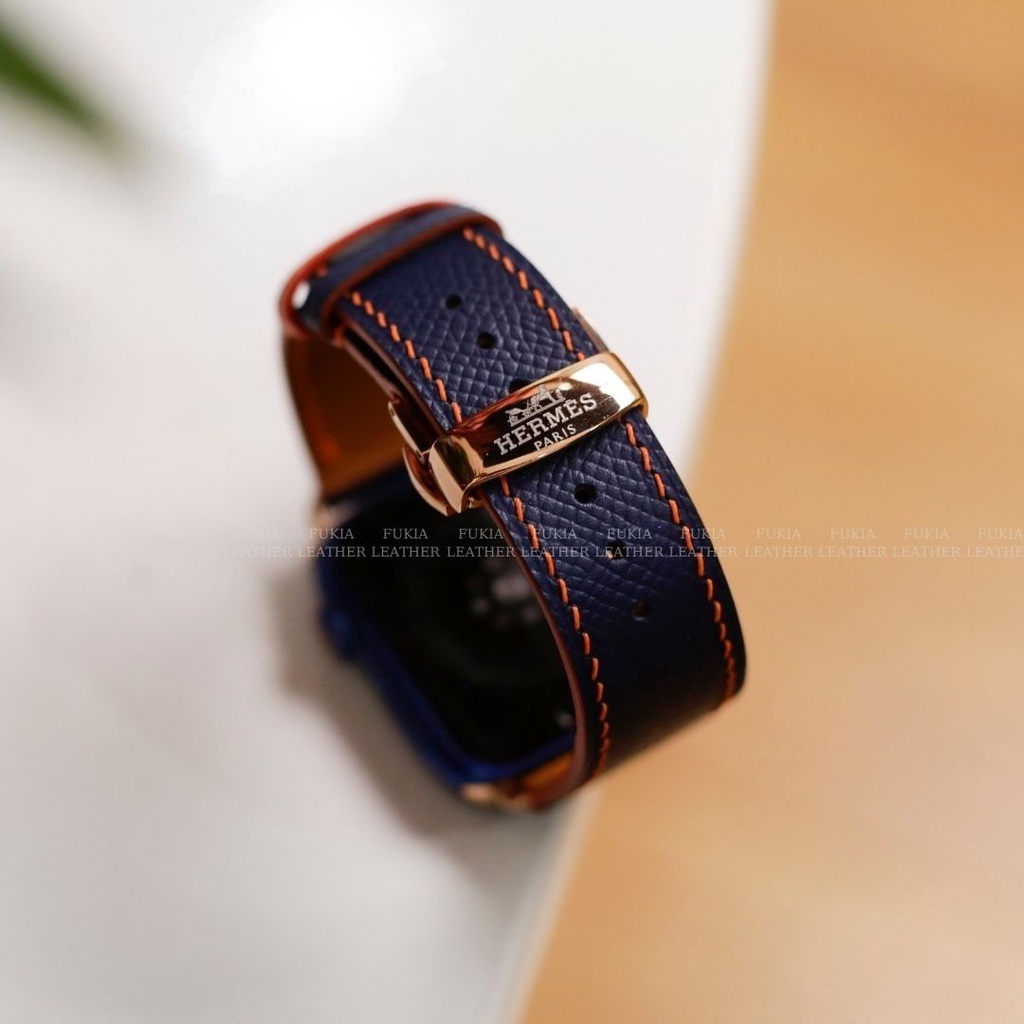 Dây da thủ công Epsom Xanh Navy Mix Cam dành cho Apple Watch, đồng hồ thông minh, đồng hồ cơ MIZADO