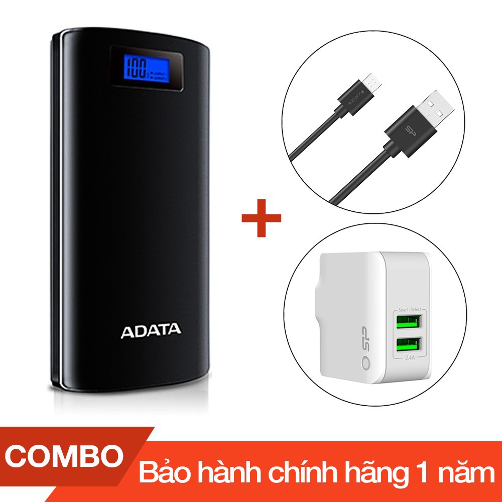 Combo Pin sạc dự phòng 20000mAh P20000D ADATA + Cáp sạc micro USB Silicon dài 1m + Cốc sạc 2 cổng USB 2.4A - Chính hãng