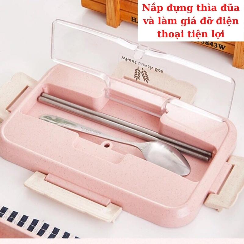 Hộp Đựng Cơm Văn Phòng Lúa Mạch Chia 3 Ngăn Giữ Nhiệt Tặng Kèm Đũa Thìa