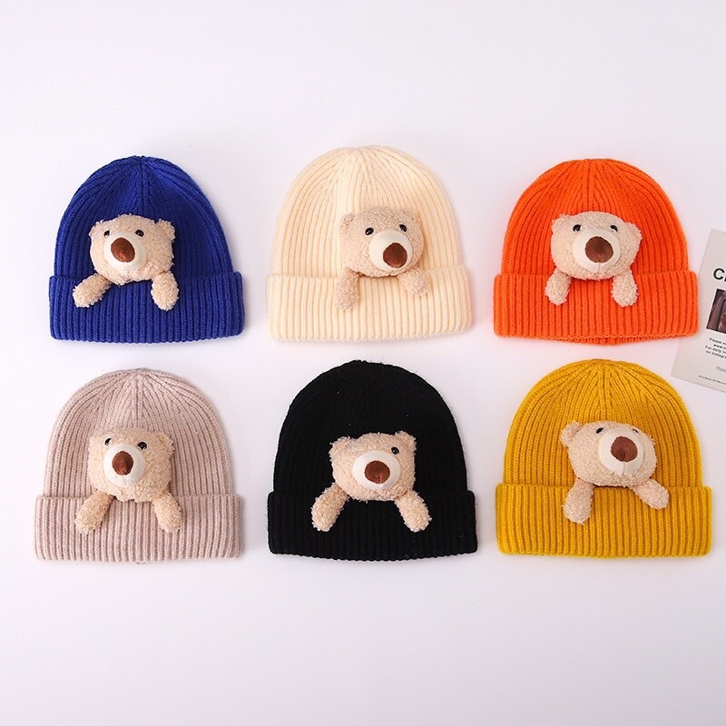 Mũ len mũ beamin đính gấu cute cho bé nhiều màu sắc