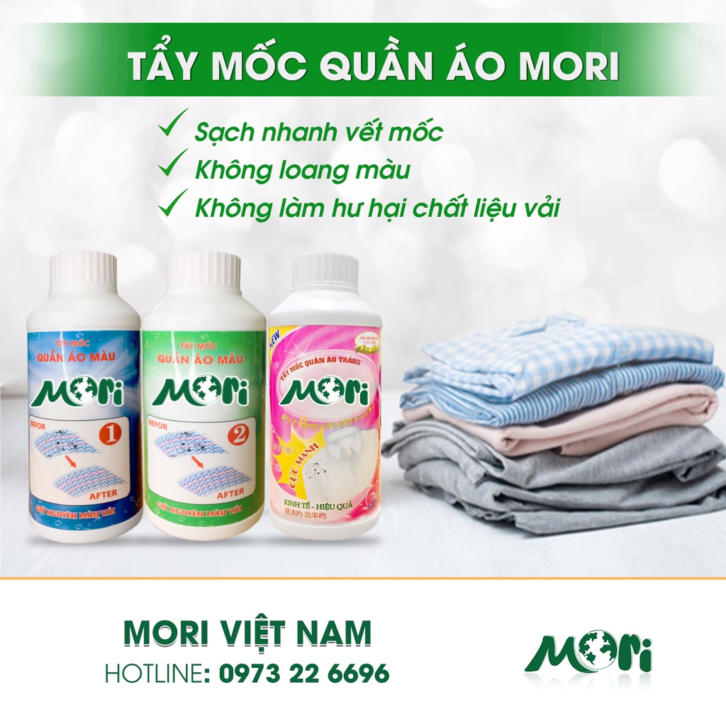 Tẩy mốc quần áo màu Mori, Thuốc tẩy quần áo - Sạch bay vết mốc, giữ nguyên màu vải