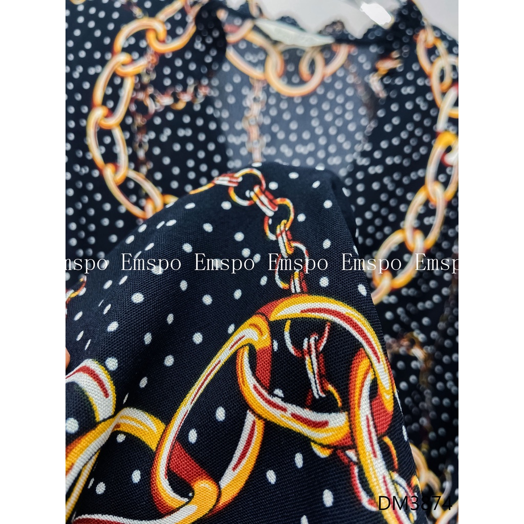 Đầm xòe họa tiết, thắt đai eo, tay bồng phối chun Emspo DM3874 (Tím than, Vàng)