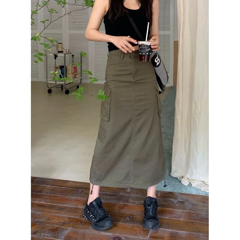 Jiashucheng Chân Váy Denim Dài Lưng Cao Phong Cách Thời Trang Quân Đội Dành Cho Nữ