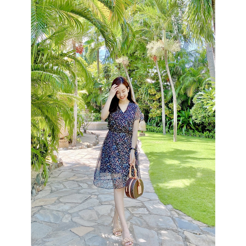 Váy voan hoa nhí chun eo cổ chéo - ALISA
