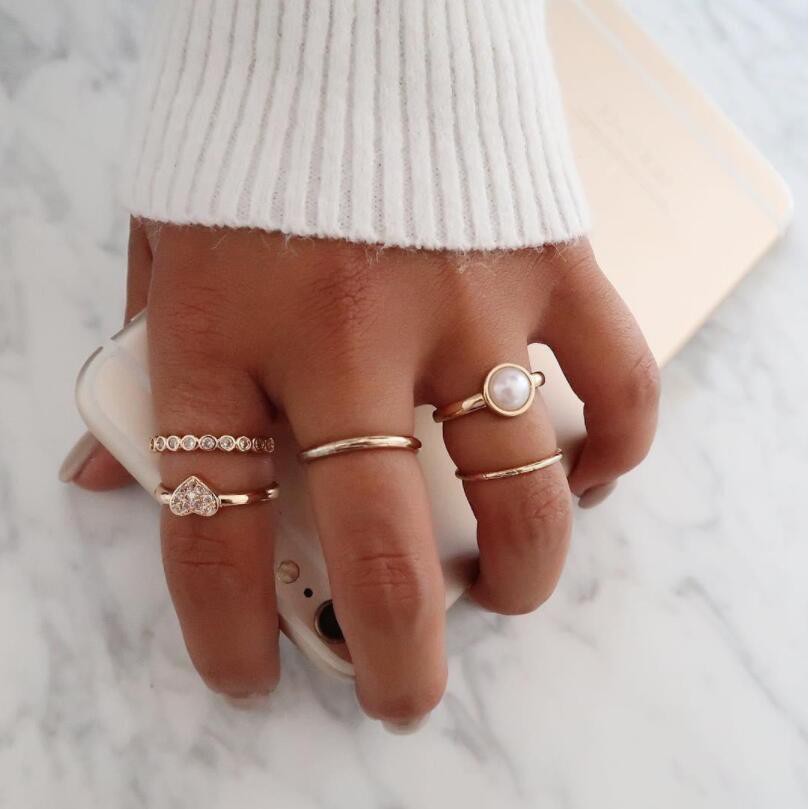 Set 5 Nhẫn Midi Đeo Khớp Ngón Tay Đính Ngọc Trai Thời Trang Cho Nữ