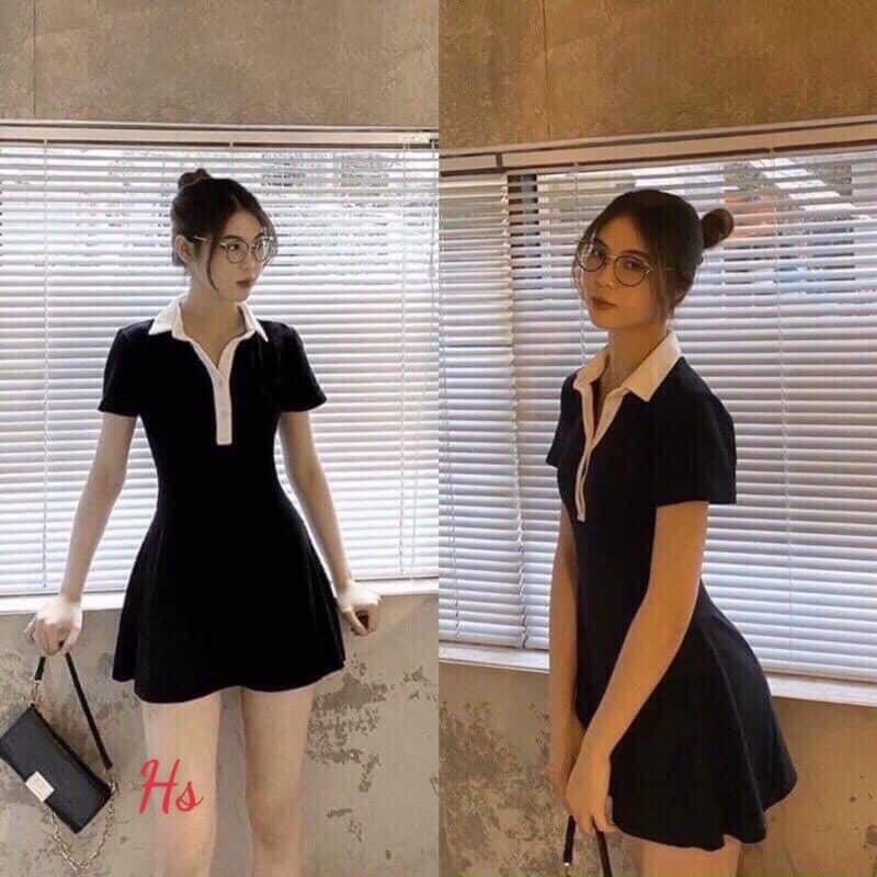 Váy body đen cổ trắng kiểu dáng thời trang