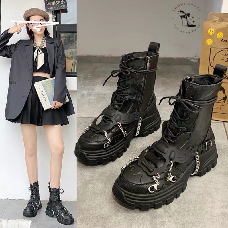 Boot cao cổ, boot da siêu đẹp, giày bốt martin phong cách chiến binh mix dây xích cá tính thời trang