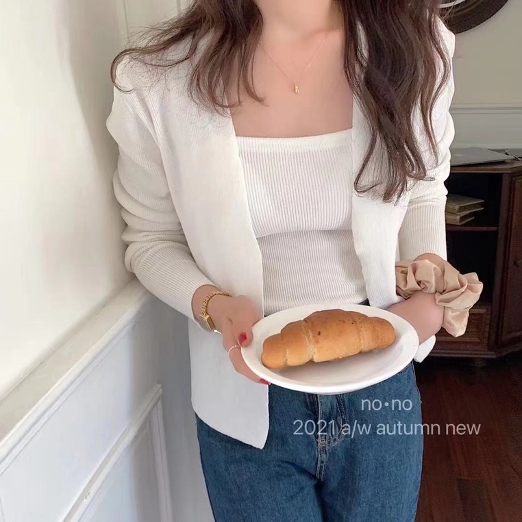 SUXI Set áo cardigan tay dài kẻ sọc và áo hai dây phong cách Hàn Quốc thời trang mùa thu