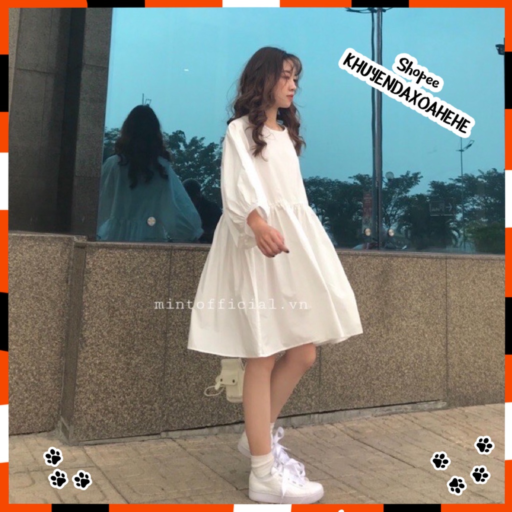 V007 Váy Babydoll trắng trơn tay bồng chụp ảnh đầm bầu baby doll tay phồng form rộng cute dễ thương