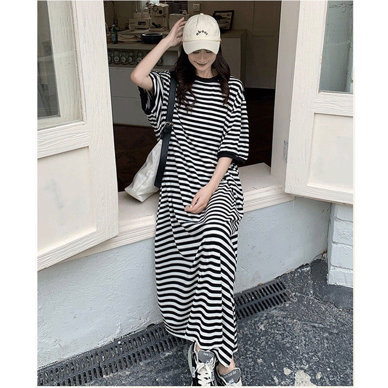 COZOK Đầm Tay Ngắn Dáng Rộng Họa Tiết Kẻ Sọc Plus Size
