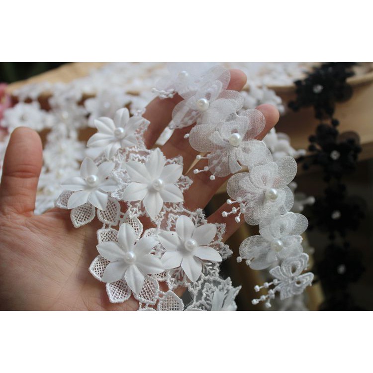 Phụ kiện may mặc hình hoa ren hai lớp 3D vải organza polyester hòa tan trong nước