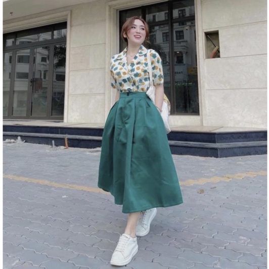 Set chân váy áo sơ mi cúc họa mi ngắn tay chân váy dài LT310