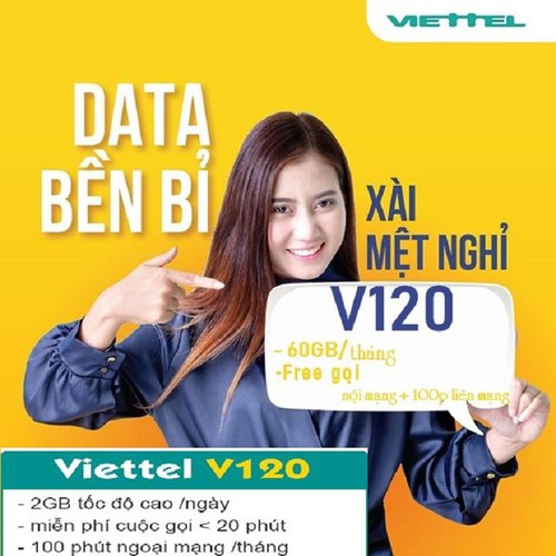 SIM VIETTEL V120 Tặng 2GB tốc độ cao/ngày (60GB/tháng) Miễn phí tất cả các cuộc gọi  50 phút gọi ngoại mạng