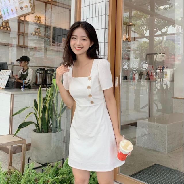[Trắng/Nâu]💥Đầm cổ vuông khuy nút gỗ vintage siêu xinh