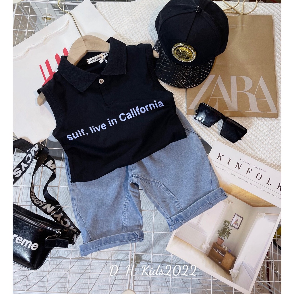 BOT08 - Bộ bé trai, quần jean + áo phông 3 lỗ in hình cá heo cho bé từ 15-35kg