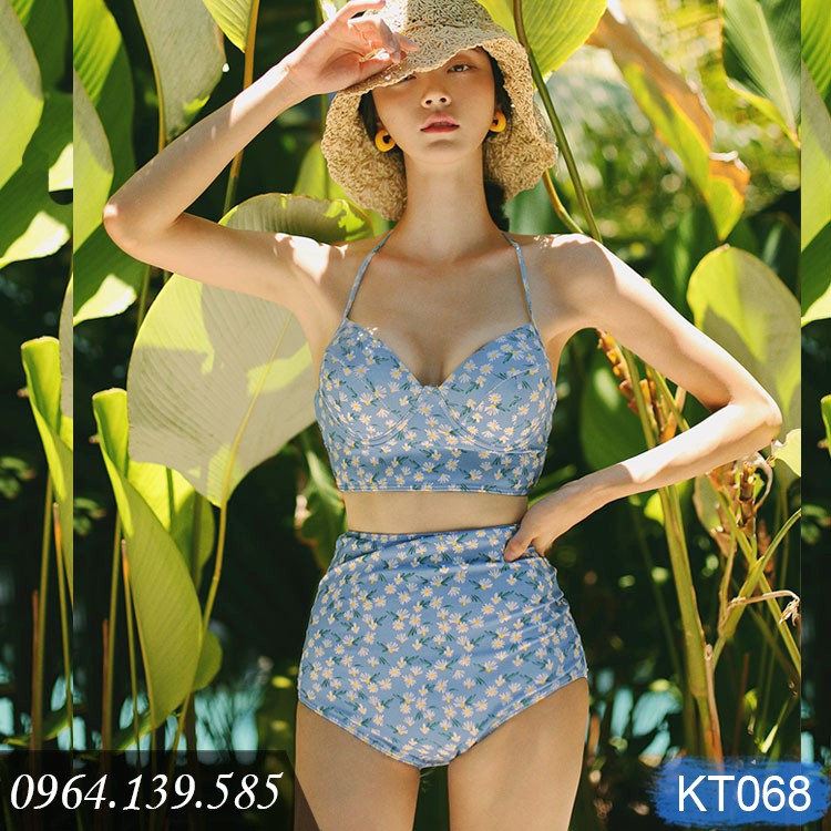 Bikini nữ 2 mảnh rẻ đẹp, áo croptop đệm mỏng, quần cạp cao, họa tiết hoa nhí xinh xắn (ảnh tự chụp) | KT068