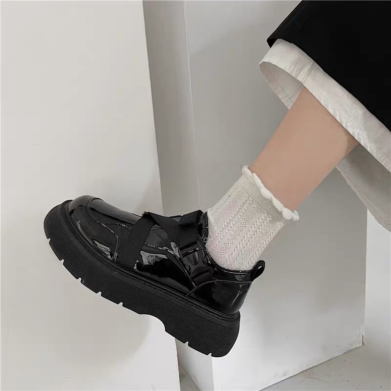 Giày Oxford nữ da bóng khóa dây đai Ulzzang cá tính