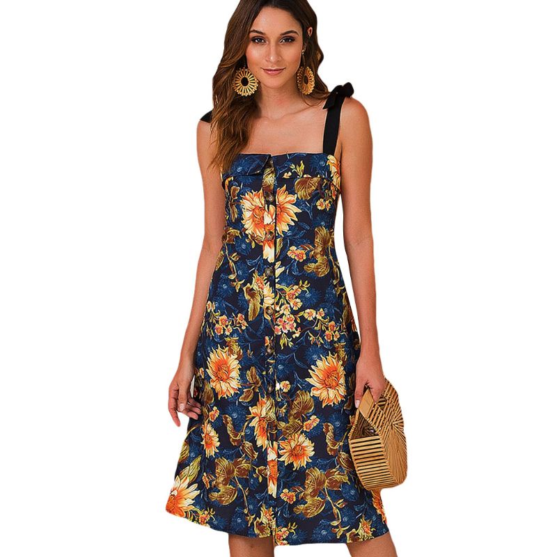 Xiangbao Đầm Hai Dây Cài Nút Họa Tiết Hoa Hướng Dương Phong Cách BOHO Mùa Hè Cho Nữ