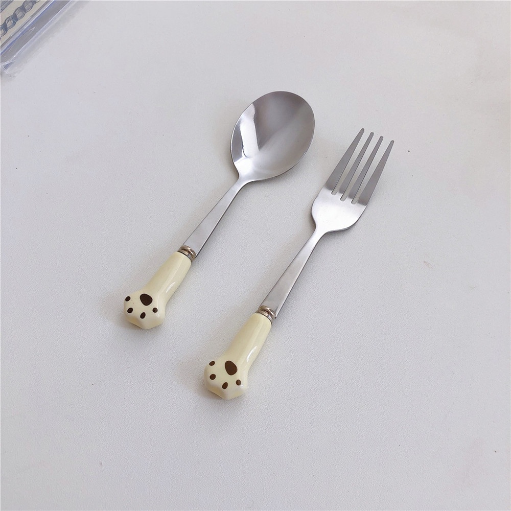 Muỗng cà phê/ nĩa trái cây bằng thép không gỉ kiểu dấu chân mèo dễ thương