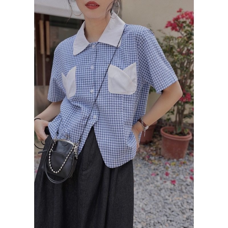 Áo Sơ Mi Tay Ngắn Họa Tiết Caro Thời Trang Sành Điệu Cho Nữ