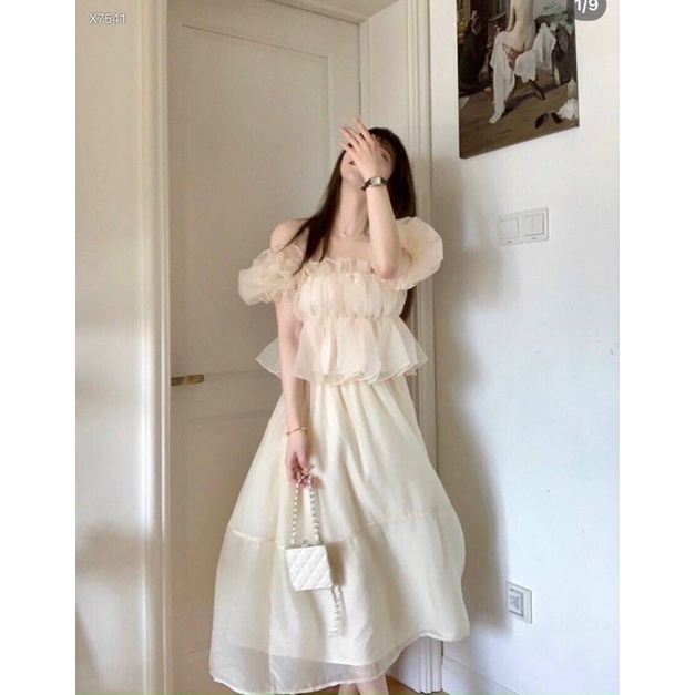 Hc569- áo tơ bèo kèm chân váy MIDI, màu nude