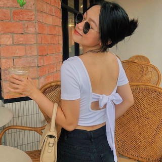 ÁO CROPTOP KIỂU THUN GÂN PHỐI KIỂU CỘT NƠ SAU LƯNG